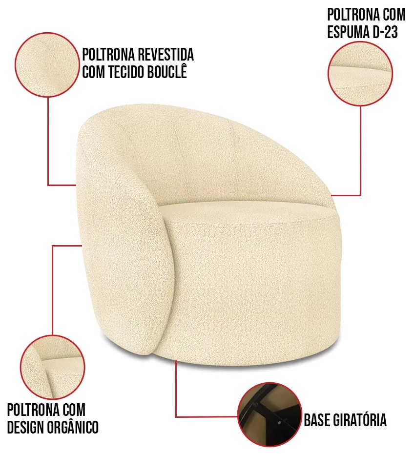 Sofá 3 Lugares Orgânico 180cm Morgan e 2 Poltronas Lua Bouclê D03 - D'Rossi - Bege