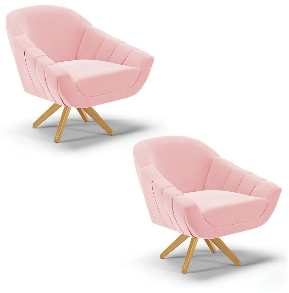 Kit 02 Poltronas Giratória Giovana Suede Base Madeira MA30 - DRossi - Rosa Bebê