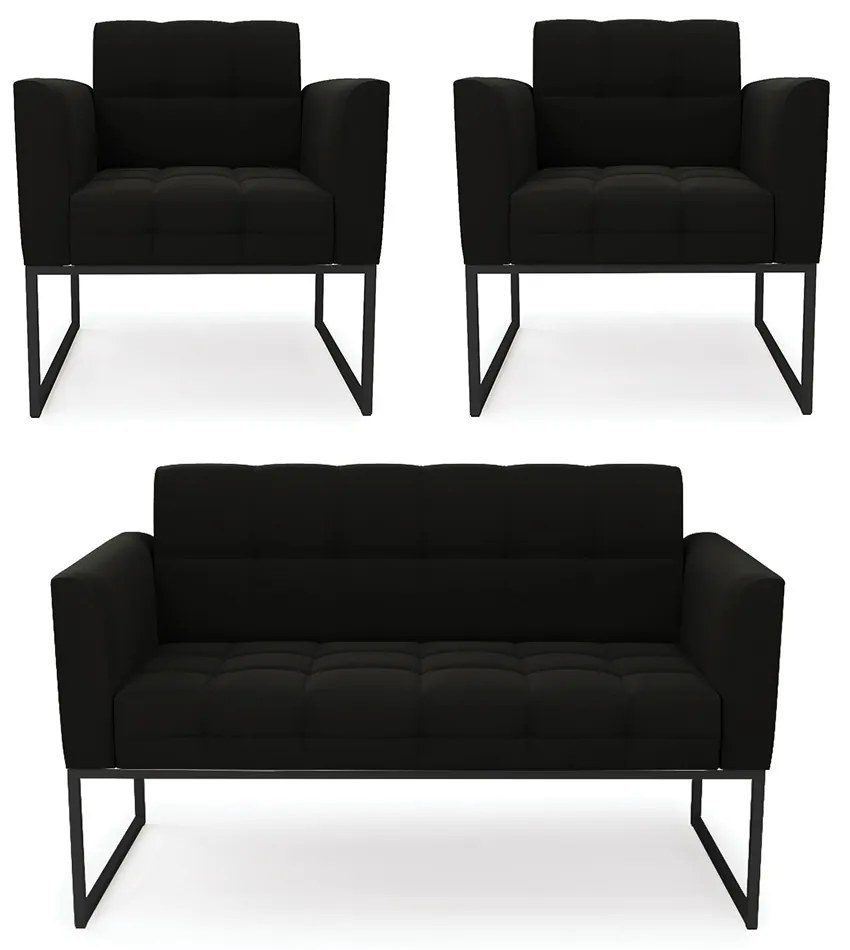Kit 1 Sofá Namoradeira e 2 Poltronas Elisa Suede Base Metálica Industrial Preto - D'Rossi - Preto