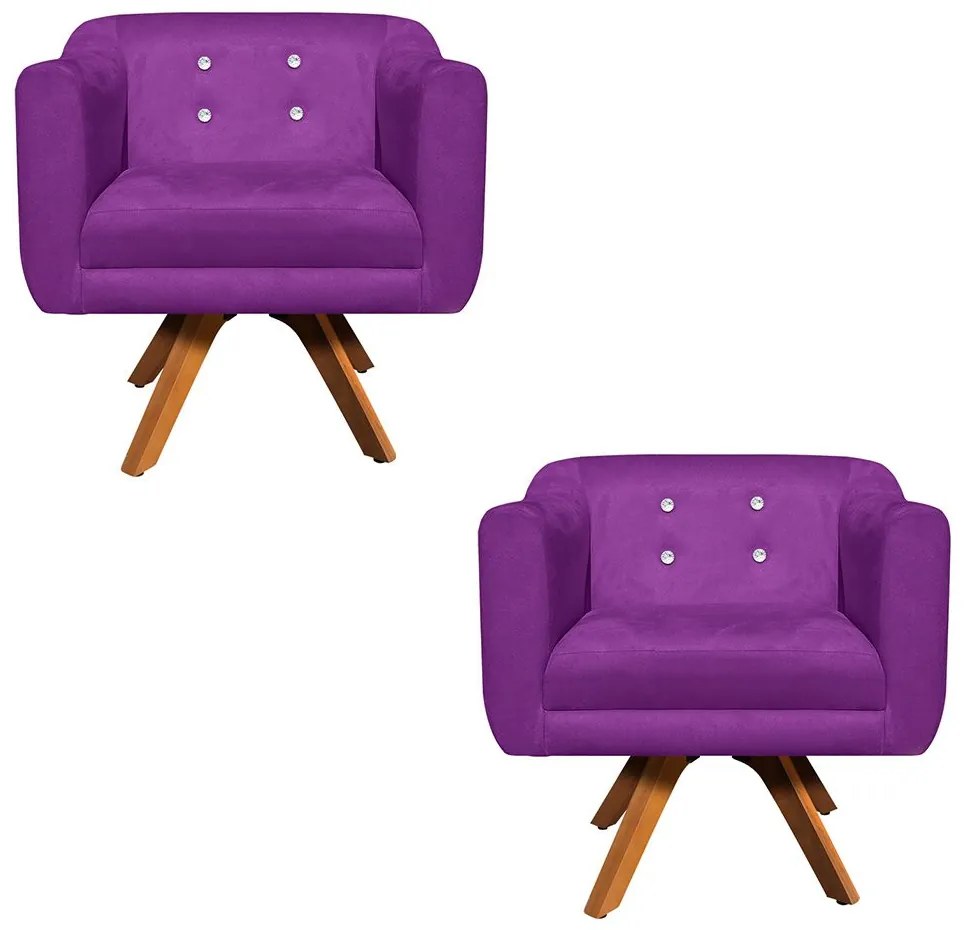 Kit 02 Poltronas Giratória Julia Suede com Strass Base Madeira MM30 D01 - D'Rossi  - Roxo