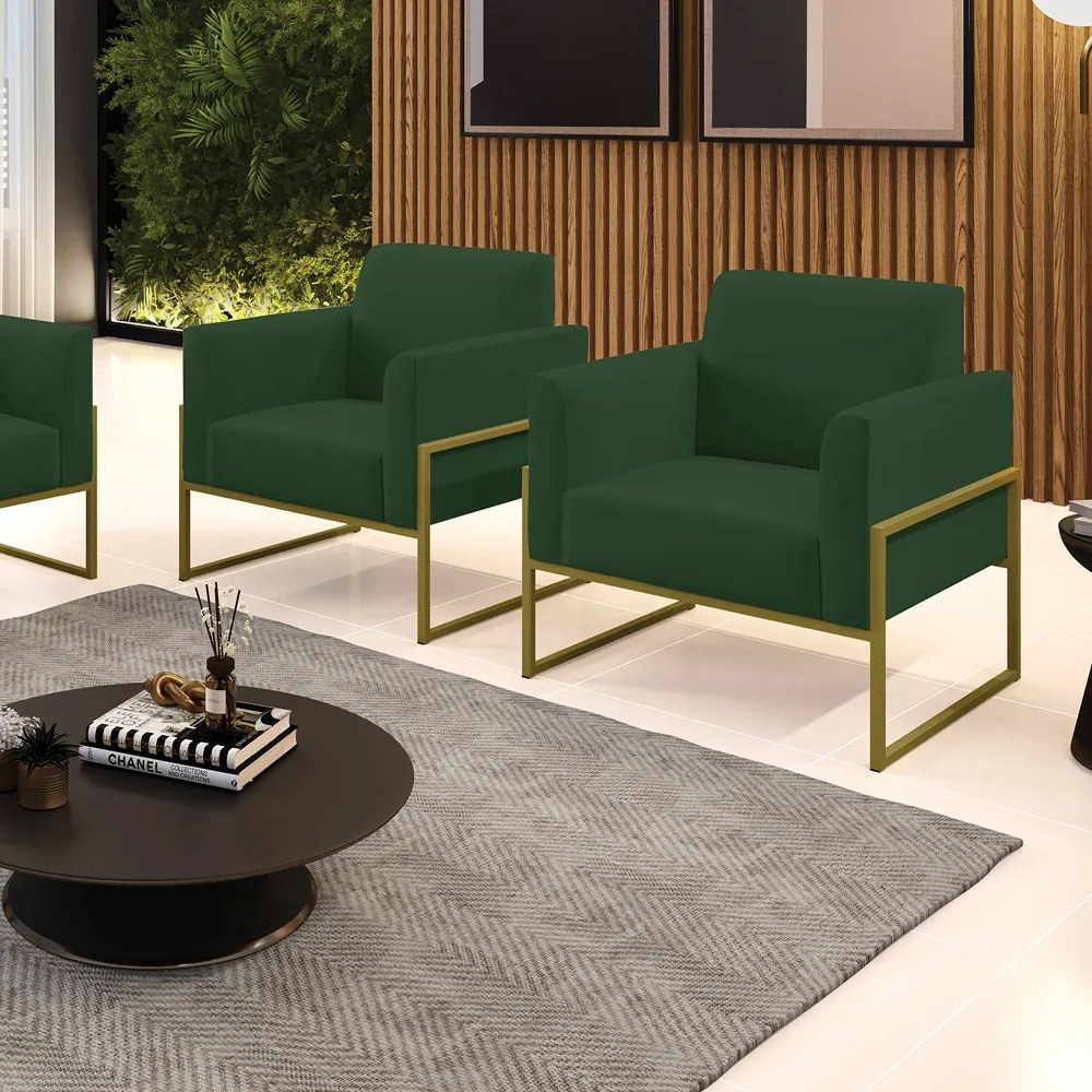 Kit 2 Poltronas Base Industrial Alta Dourado Marisa Veludo - Verde