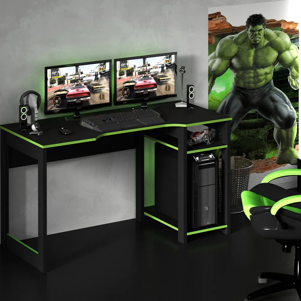 Mesa para Escritório Home Office Gamer ME4152 MDP Preto/Verde G69 - Gran Belo