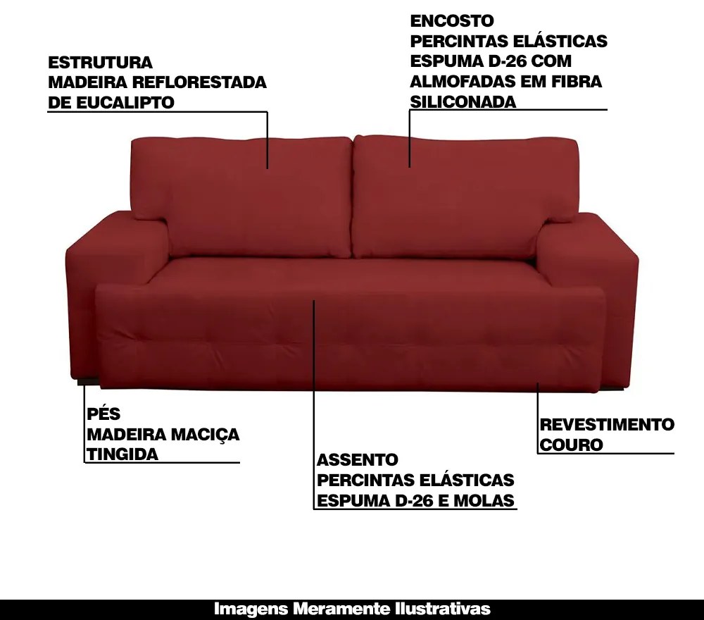 Sofá 3 Lugares Sala de Estar Roma 230 cm Couro Vermelho G58 - Gran Belo