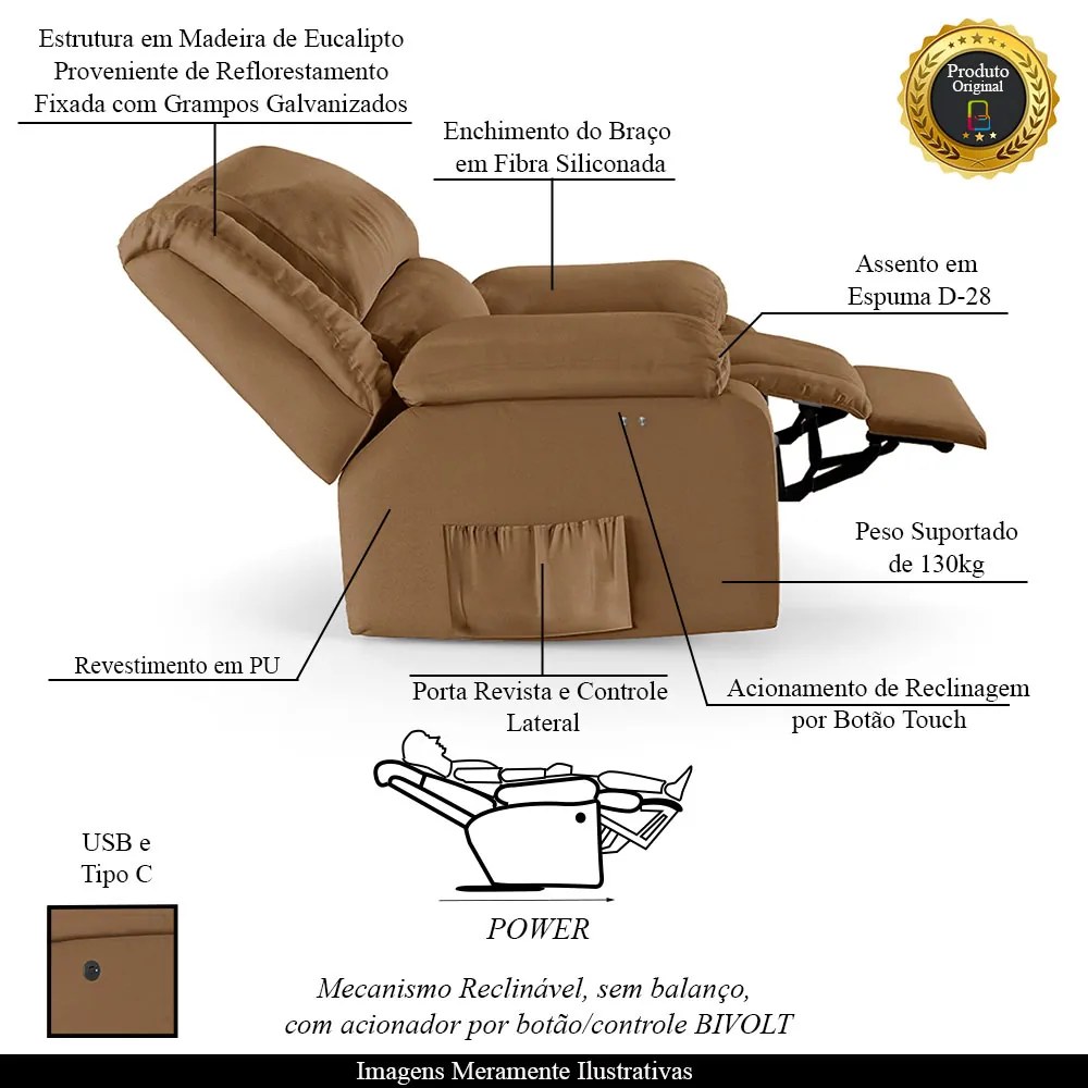 Poltrona do Papai Reclinável Sala de Cinema Madrid Power Touch USB PU Caramelo G23
