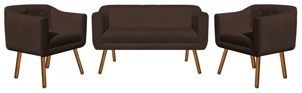 Kit 01 Namoradeira 02 Lugares e 02 Poltronas Julia Suede Marrom Pés Palito Castanho D'Rossi
