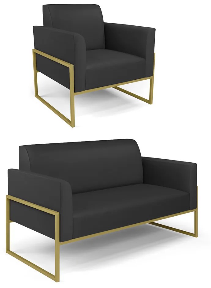 Sofá Namoradeira com Poltrona Base Industrial Alta Dourado Marisa Corino D03 - D'Rossi - Preto