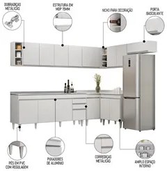 Armário de Cozinha Modulado de Canto 8 Peças CP27 com Pia Inox Branco