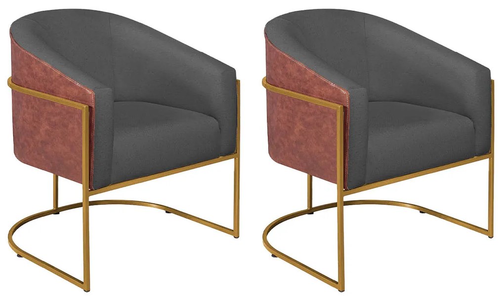 Kit 02 Poltronas Luiza Base de Ferro Dourado Corano Nozes e Linho Chumbo - ADJ Decor