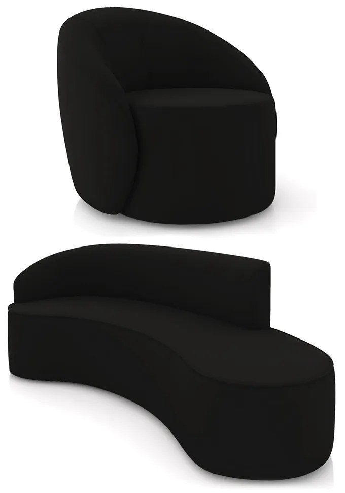 Sofá 4 Lugares Orgânico 220cm Morgan e Poltrona Lua Veludo Preto D03 - D'Rossi