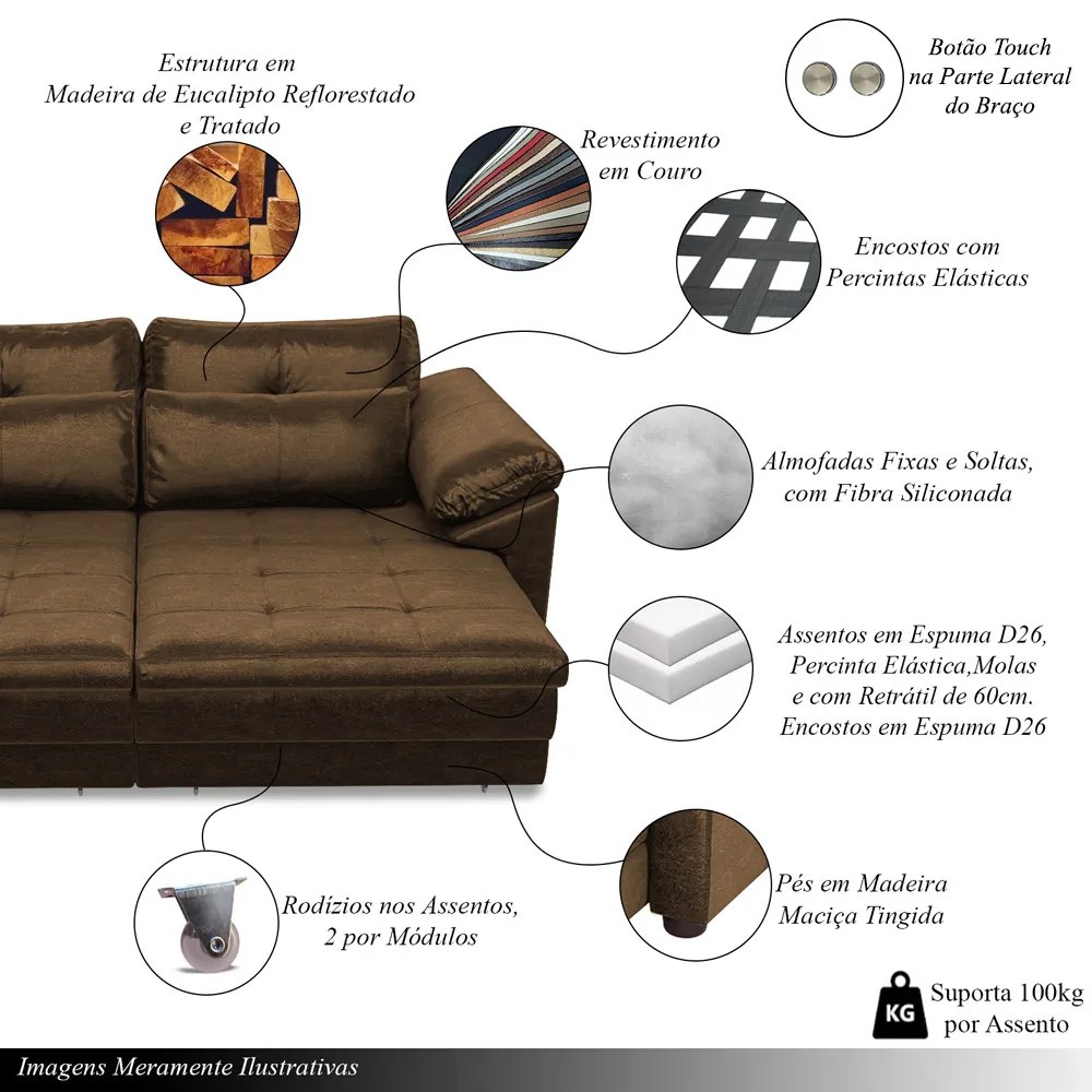 Sofá Retrátil Elétrico Sala de Estar Nolan Bipartido 215cm Conforto Premium em Couro Marrom Chocolate Manchado G58 - Gran Belo