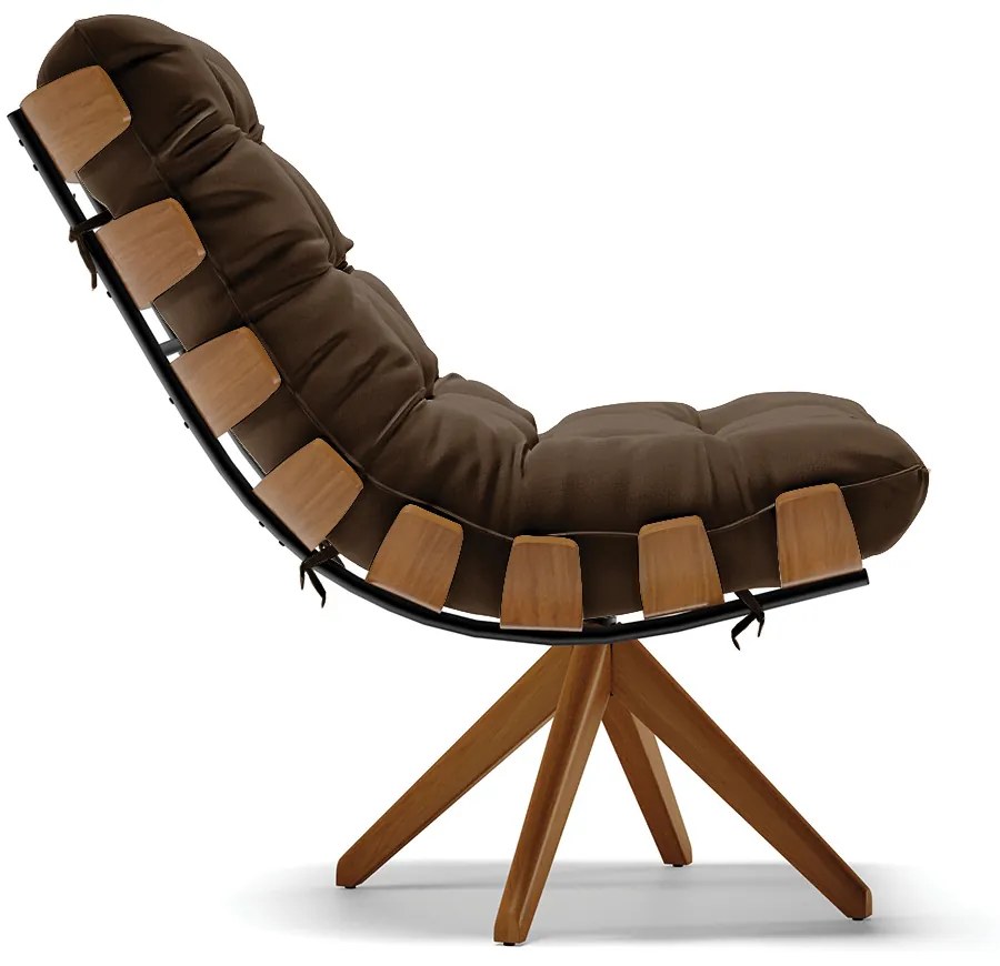 Poltrona com Puff Giratório Costela Suede Marrom Base de Madeira MA30 M11 - D'Rossi