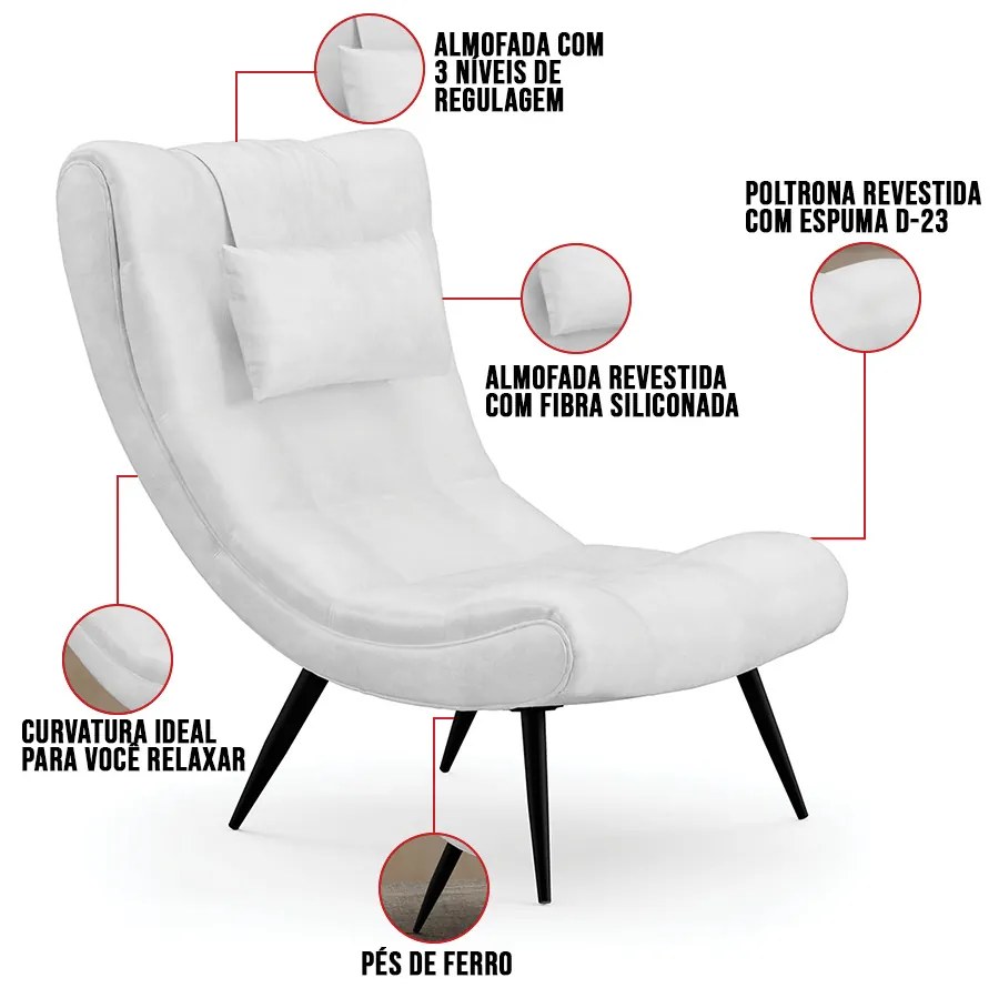 Poltrona Sala Decorativa e 01 Puff Sher Pé Palito Ferro Sintético PU D03 - D'Rossi - Branco