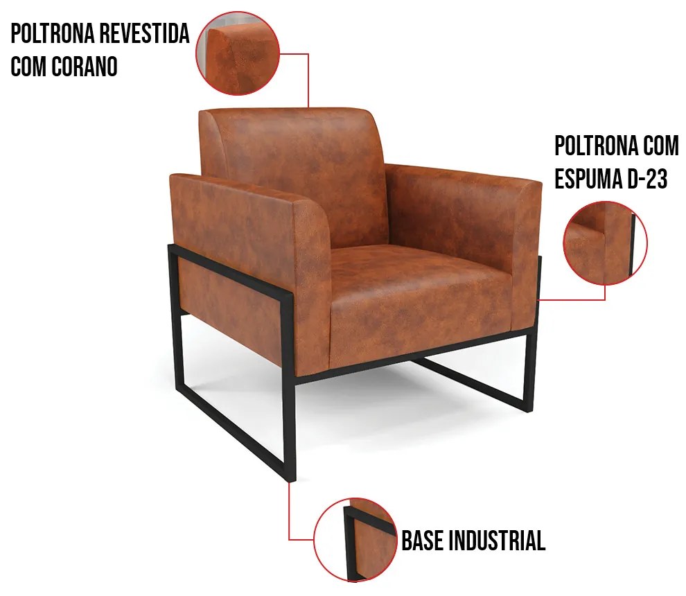 Poltrona Sala Decorativa Marisa Industrial Alta Preto Sintético Pu D03 - D'Rossi - Nozes