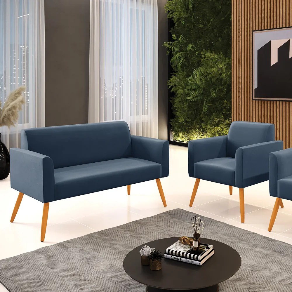 Sofá Namoradeira com Poltrona Pés Palito Castanho Marisa Suede D03 - DRossi - Azul Marinho