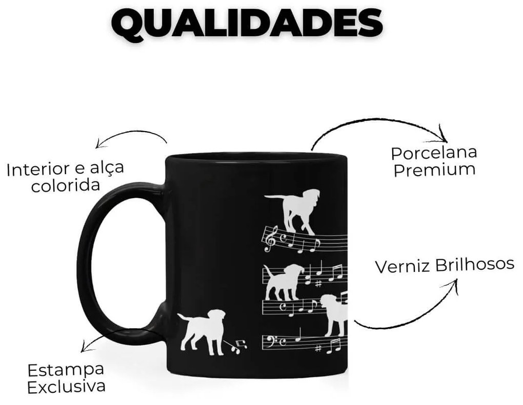 Caneca Cachorro Musical Dog Lover Preta com Alça Preta