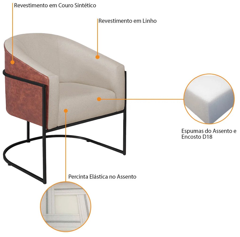 Kit 02 Poltronas Luiza Base de Ferro Preto Corano Nozes e Linho - ADJ Decor