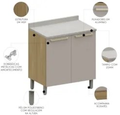 Balcão de Cozinha Com Tampo 80cm 2 Portas Mirella Freijó/Cinammon L01