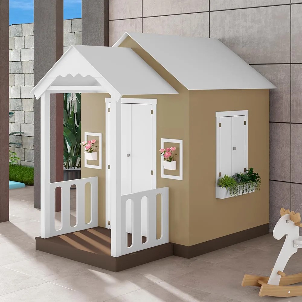 Casinha de Brinquedo MDF com Varanda Artesanal Branco/Bege L12 - Gran Belo