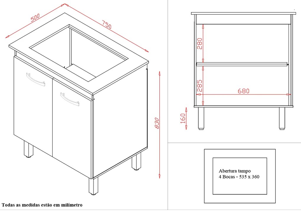 Cozinha Íris Completa com Balcão Rosa e Cooktop 4 Bocas MB1 300cm