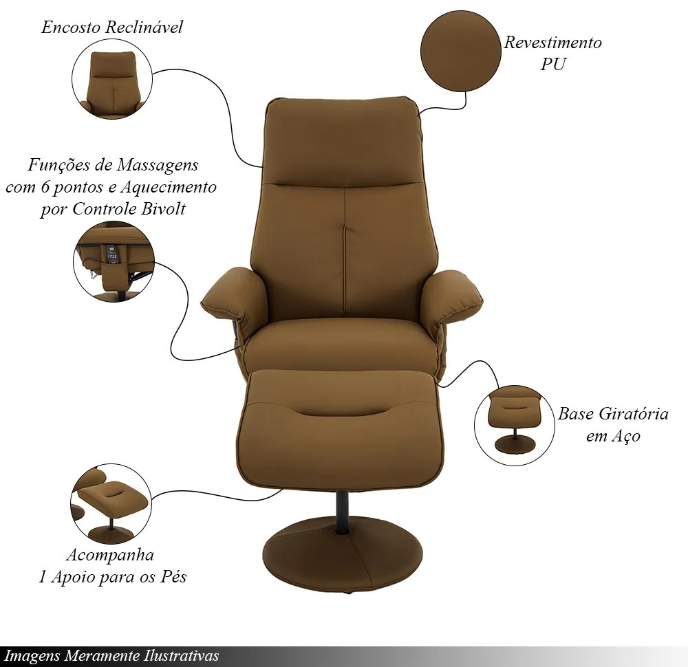 Poltrona de Massagem Reclinável e Giratória Arizona com Apoio de Pés Pu G56 - Gran Belo - Caramelo