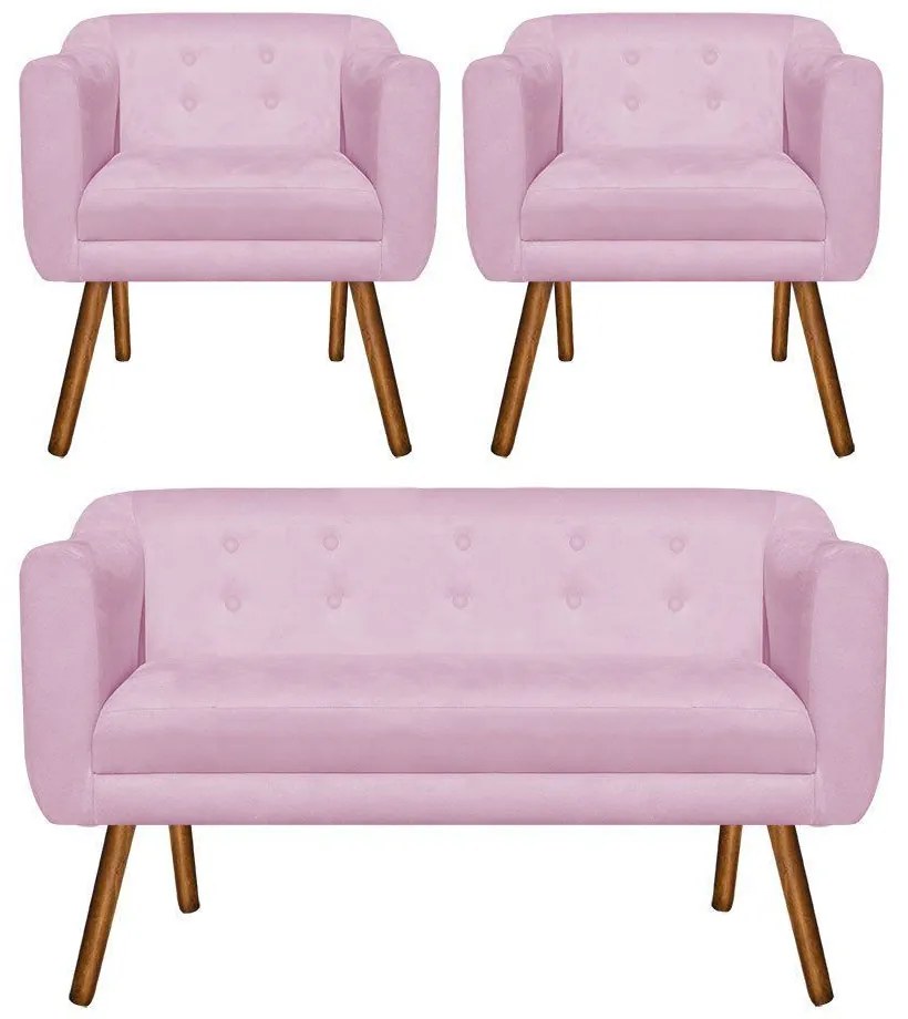 Kit 01 Namoradeira 02 Lugares e 02 Poltronas Julia Suede Rosa Bebê Pés Palito Castanho D'Rossi