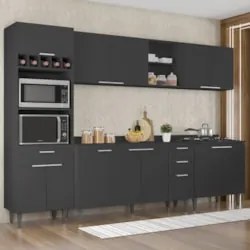 Armário de Cozinha Com Tampo CP05 290cm Pérola Preto Z34      - Mpozen