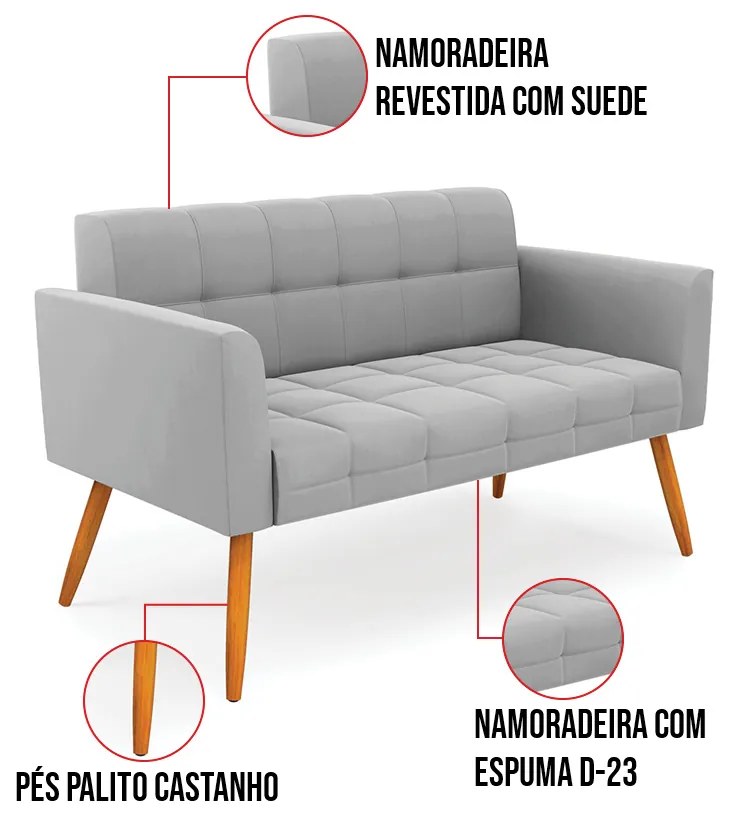 Kit 1 Sofá Namoradeira e 2 Poltronas Elisa Suede Pés Palito Castanho D03 - D'Rossi - Cinza