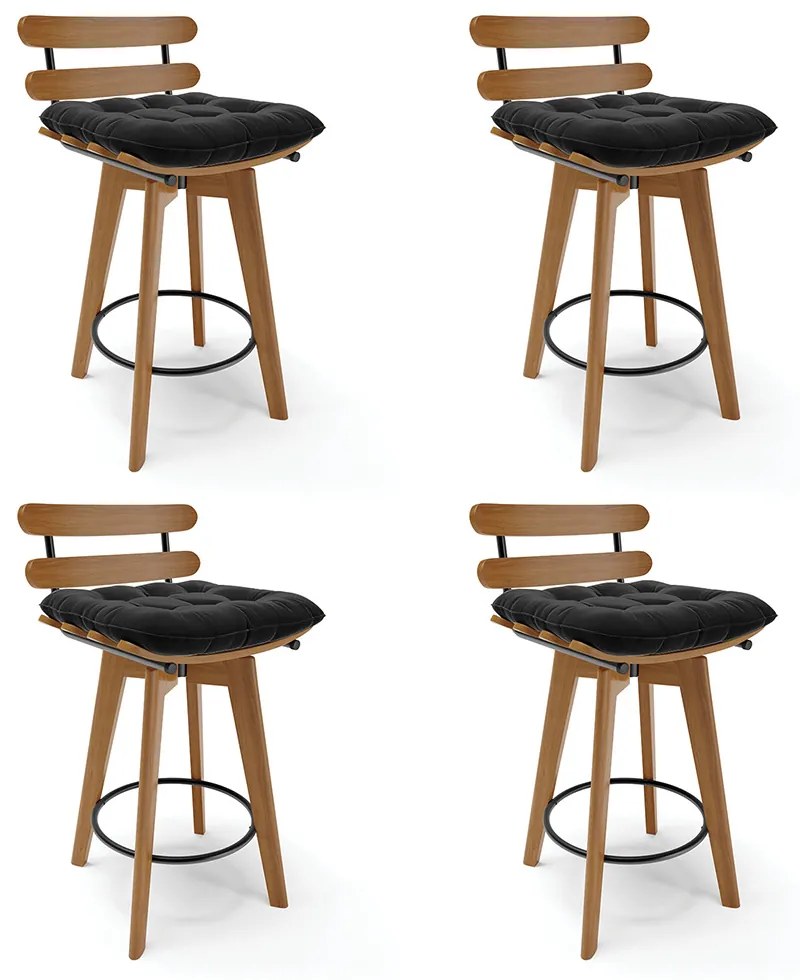 Kit 04 Banquetas Giratória Costela Suede Preto Base Madeira MA70 - D'Rossi