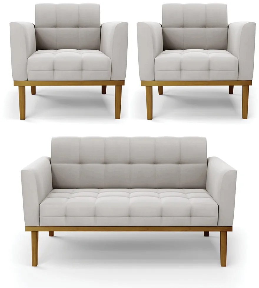Conjunto 2 Poltronas e 1 Namoradeira Decorativa Karen Pés Fixo em Madeira Castanho Veludo Cinza G19 - Gran Belo