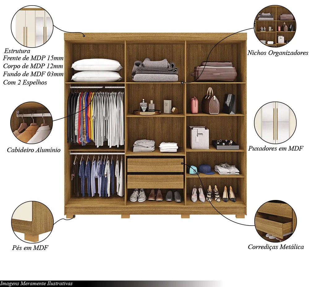 Guarda Roupa Casal Doral 6 Portas de Bater 2 com Espelhos 2 Gavetas Nature/OffWhite G98 - Gran Belo