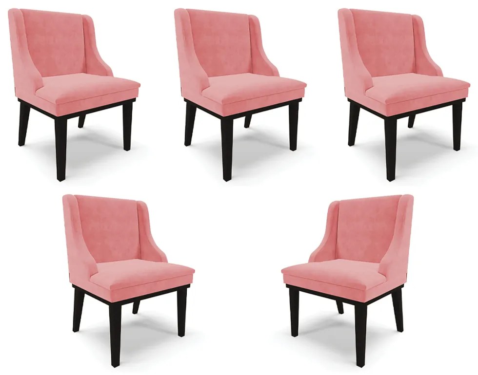 Kit 5 Cadeiras Decorativas Sala de Jantar Base Fixa de Madeira Firenze Suede Rosê/Preto G19 - Gran Belo
