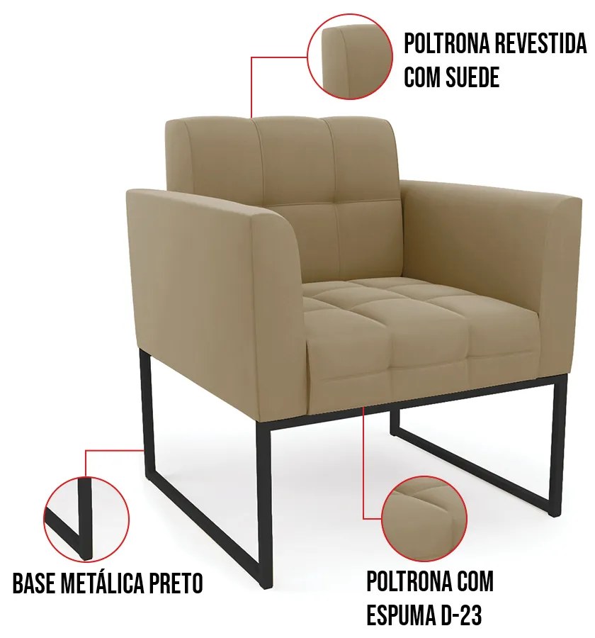 Kit 1 Sofá Namoradeira e 1 Poltrona Elisa Suede Marrom Rato Base Metálica Industrial Preto D03 - D'Rossi