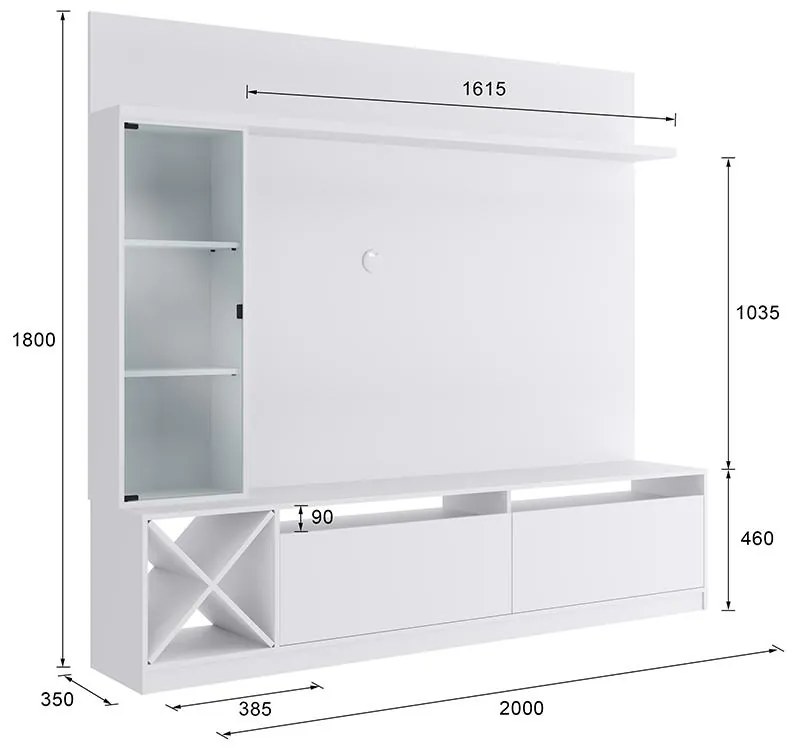 Painel Home Suspenso Sala Para Tv Vidro E 7 Prateleiras - Branco