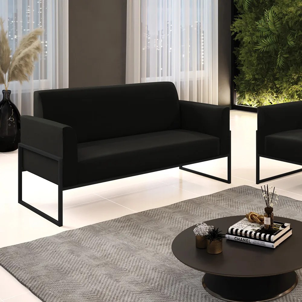 Sofá Namoradeira Base Industrial Alta Preto Marisa Suede D03 - D'Rossi - Preto
