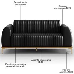 Sofá 180cm 3 Lugares Base Gold Molino D06 PU B-159 Preto - Mpozenato