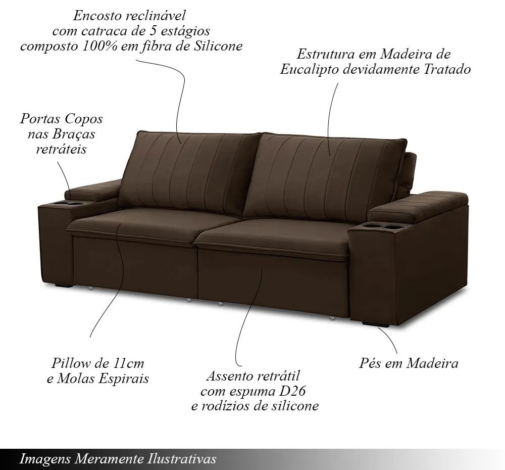 Sofá Retrátil e Reclinável 4 Lugares 245cm Kent Porta Copos no Braço Veludo Marrom G22 - Gran Belo