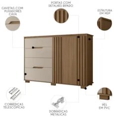 Cômoda Para Quarto 147cm Com 4 Gavetas Rusk Carvalho/Fendi Z17 - Mpoze