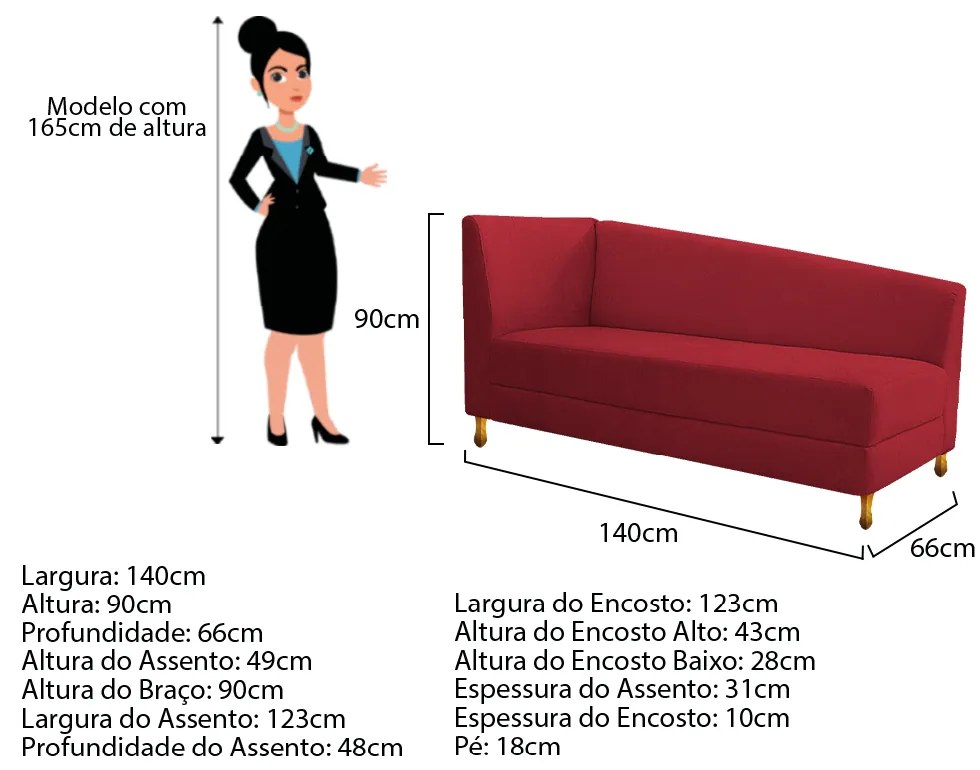 Recamier Valéria 140cm Lado Esquerdo Suede Vermelho - ADJ Decor