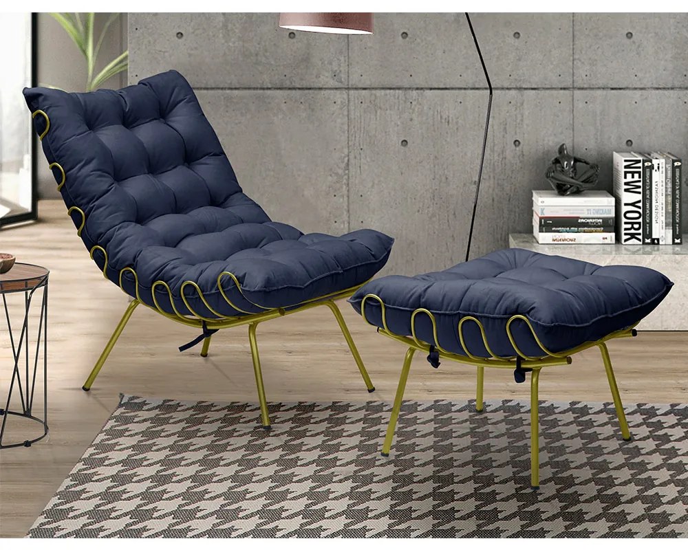 Conjunto Decorativo Poltrona e Puff Abel Base de Ferro Dourada Veludo Azul G41 - Gran Belo
