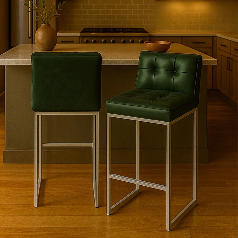 Banqueta Cozinha Alta com Encosto Industrial Kit 2 Champanhe Lirina PU Verde C05 - D'Rossi
