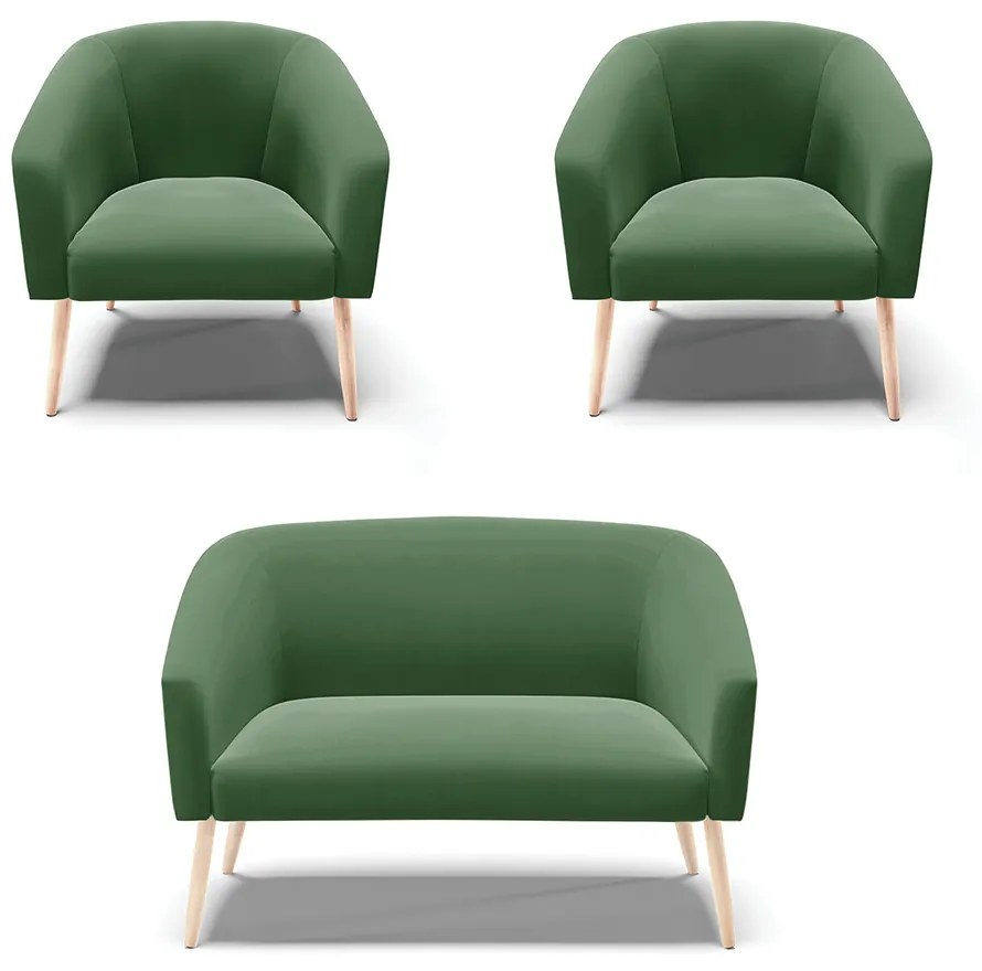 Namoradeira e 2 Poltronas Pé Palito Natural Stella Suede D03 - D'Rossi  - Verde