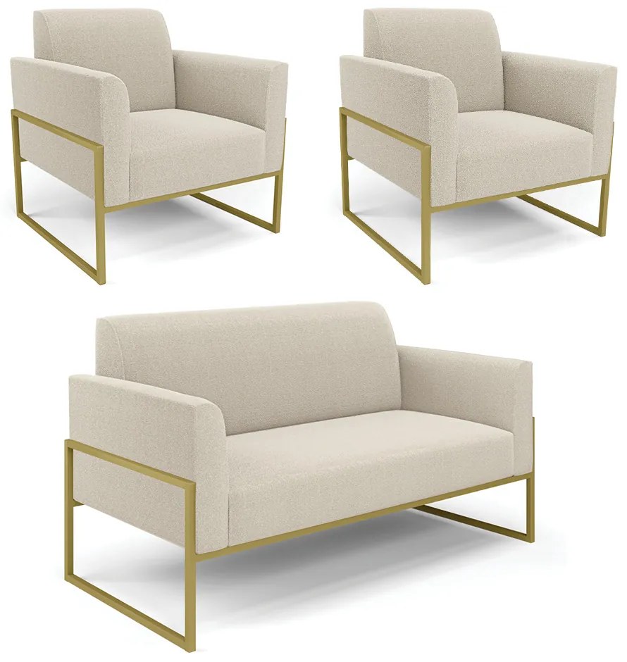 Namoradeira e 2 Poltronas Industrial Alta Dourado Marisa Bouclê Bege