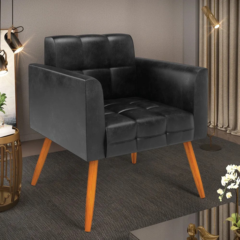 Poltrona Elisa Corano Preto Pés Palito Castanho D03 - D'Rossi