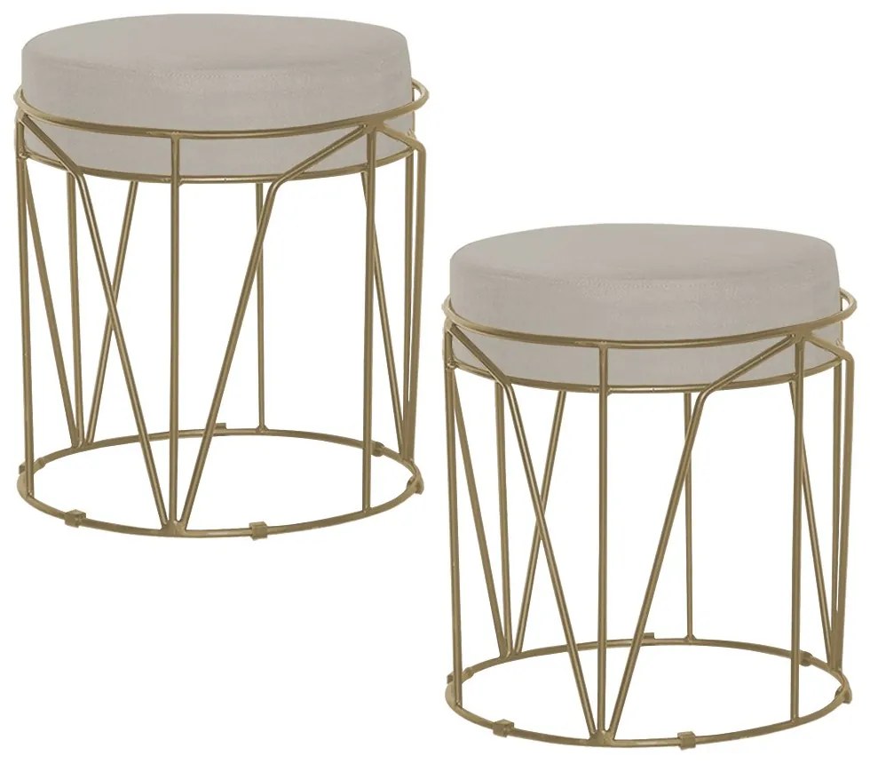 Kit 2 Puffs Decorativo Sala de Estar Base Gold Chloe Suede Bege G41 - Gran Belo
