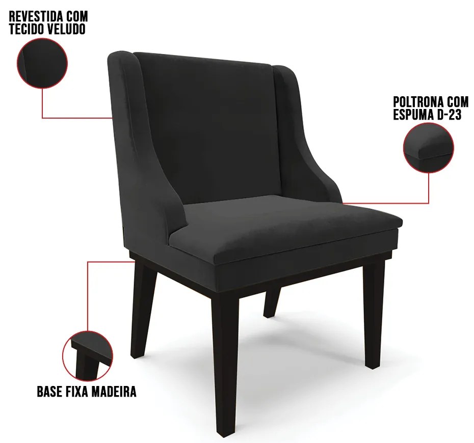 Cadeira de Jantar Liz Veludo Base Fixa Madeira Preto D03 - D'Rossi - Preto