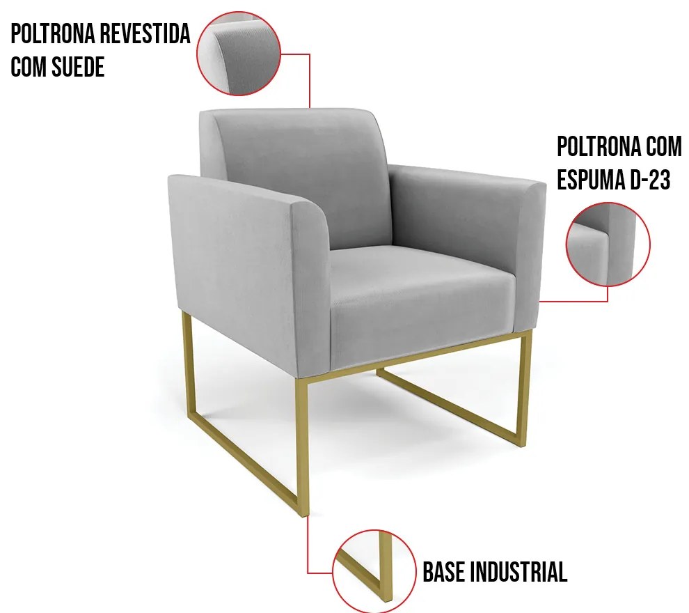 Kit 2 Poltronas Base Industrial Dourado Marisa Suede - Cinza