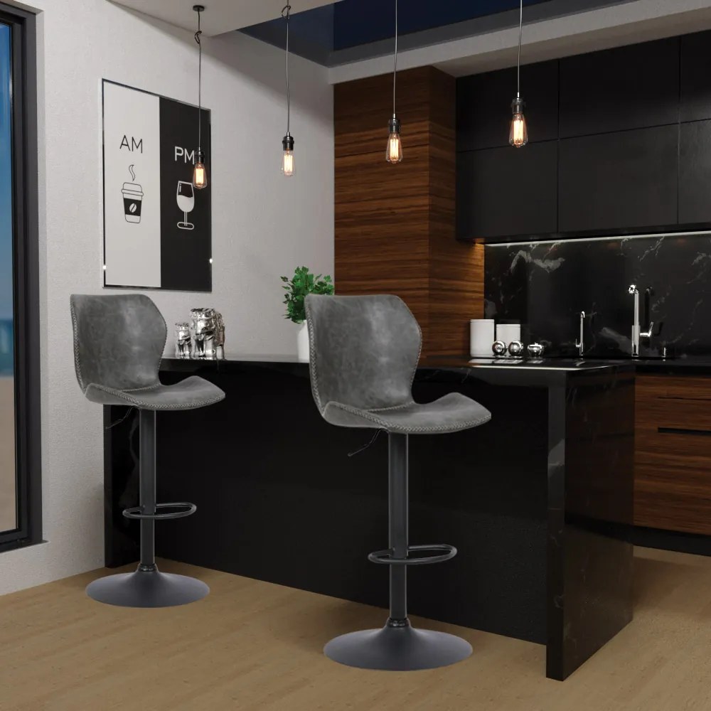 Banqueta Base Aço Giratória Naboo Com Regulagem de Altura PU Cinza Chumbo G56 - Gran Belo