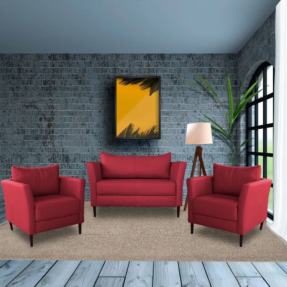 Conjunto Sofá 2 Lugares com 2 Poltronas Pés Palito Lubbock Couro Vermelho G58 - Gran Belo