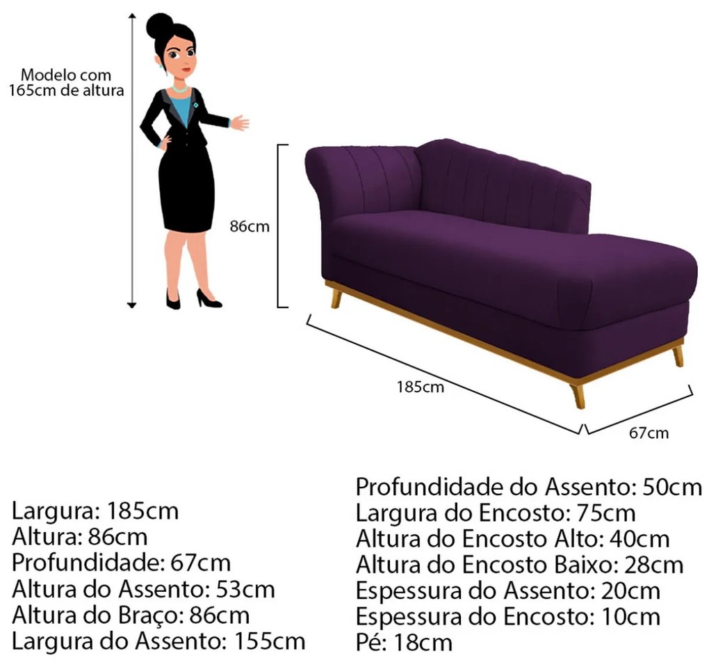 Recamier Vanessa 185cm Lado Direito Suede Roxo - ADJ Decor