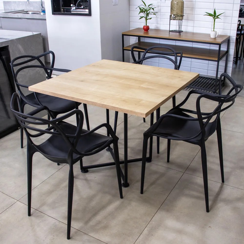 Kit 04 Cadeiras Allegra Preto e 01 Mesa de Jantar 04 Lugares Jade 90 cm Natural Base Metálica Industrial Preto - D'Rossi